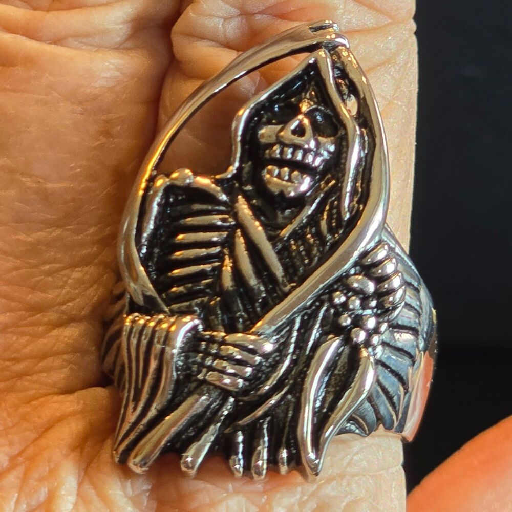 Grim Reaper Skeleton Bike Ring Size 10 Mens Stainless Steel Punk Rock Gothic
